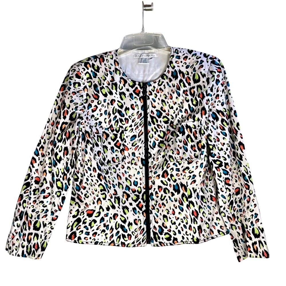 MAGGY‎ LONDON Colorful Leopard Print Zip Front Jacket Size 14